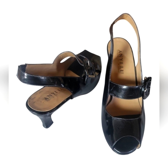 Anyi Lu Women's Black Peep-Toe Slingback Patent Leather Made In Italy Heels - Picture 4 of 9
